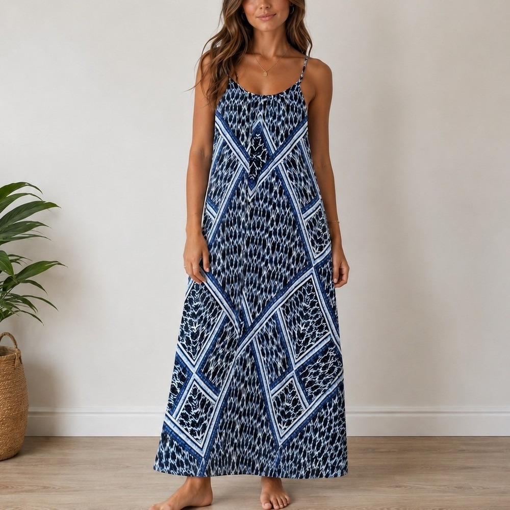 Express Blue White Geometric Ikat Print Maxi Dress sz Small Spaghetti Strap Boho